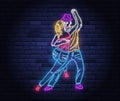 Dance party neon banner with dancing couple Royalty Free Stock Photo