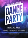 Dance Party Poster Template. Night Dance Party flyer. Club party design template on dark colorful background. Club free