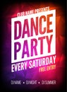 Dance Party Poster Template. Night Dance Party flyer. Club party design template on dark colorful background. Club free