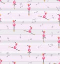 Dance of pink flamingos. Music and music notes. Royalty Free Stock Photo