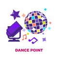 Dance point promotional poster with shiny disco ball