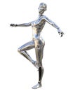 Dance robot woman. Metal shiny silver droid. Artificial Intelligence.
