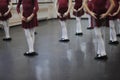 Dance school education concept of group of little girls ballerina legs in russian dancing class during rehearsal