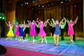 Dance school. Pupils take exams. Boys and girls in beautiful dance costumes on stage Royalty Free Stock Photo