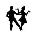 Silhouette of man and woman dancing a swing, lindy hop, social dances. The black and white vector illustration.