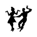 Silhouette of man and woman dancing a swing, lindy hop, social dances. The black and white Vector illustration.