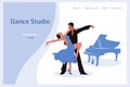 Dance studio banner, couple of dancers and piano, blue colors. Woman and man dancing tango. Illustration