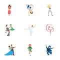 Dance styles icons set, cartoon style