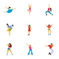 Dance styles icons set, flat style