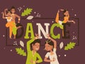 Dance typographic poster, vector illustration. Traditional Indian dancing, smiling people in national costume, happy