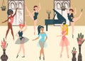 Dancer ballerinas, school modern classic dance cartoon vector illustration. Group female character, room piano