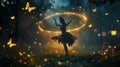 Dancer in a dark forest with a glowing hoop, surrounded by golden butterflies