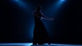 Dancer performs professional flamenco movements. Llight from behind. Smoke background. Silhouette