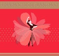 Dancer girl dressed in long red skirt in shape of flower stands in dance pose isolated on red background.