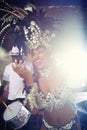 Dancer, night or happy woman in carnival in a performance, smile or culture in an event or band. Music, samba or excited Royalty Free Stock Photo