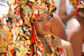 Dancer`s small parade with traditional costumes and instruments celebrating with revelers the Carnival, Brazil