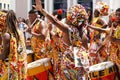 Dancer`s small parade with traditional costumes and instruments celebrating with revelers the Carnival, Brazil