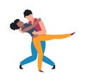 Dancers. Cartoon couple dancing tango. Hugged man and woman moving to music. Choreographic active motions. Hobby or