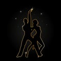 Dancers couple black silhouettes golden outline on a black background. Couple dancing poster template. Ballroom dancing