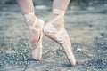 dancers feet in pointe shoes on rough concrete Royalty Free Stock Photo