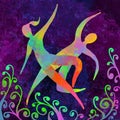Dancers In The Garden, Multicolored Illustration On Dark Background, Digital Painting Effect, Graphic Design And Logo,