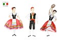 Dancers in red national costume an Italian tarantella with a tambourine on white background. Set of Woman and man dancer