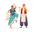 Dancers performing Indian folk dance, Dandiya Raas. Man and woman dancing in traditional costumes of India. Couple in