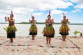 Dancers South Pacific. Young women dressed with typical dresses made from nature dancing traditional dances in Kingdom of Tonga.