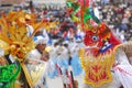 Dancers in typical costumes of devils, angels, Chinese and brunettes celebrate the festival of the Virgen de la Candelaria.