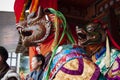 Masked dance, dancers wear animal masks , Bumthang, central Bhutan. Royalty Free Stock Photo