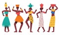 Dancing African aboriginal women. Female African characters dancing tribal dance isolated cartoon vector illustration