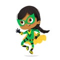 Dancing African-American Girl wearing colorful costume of superheroe, isolated on white background. Cartoon vector