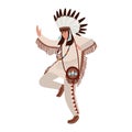 Dancing American Indian wearing ethnic costume and war bonnet. Man performing tribal dance of indigenous peoples of