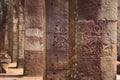 Dancing apsaras in bas-relief on the sandstone columns of Banteay Kdei temple, in Angkor Wat complex near Siem Reap, Cambodia.