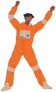Happy male character in costume of astronaut, spaceman. Guy in space suit raising hands and dancing