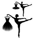 Dancing ballerina girl holding coathanger with tutu dress black and white vector silhouette set