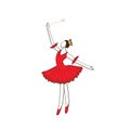 Dancing Ballerina. Young Ballerina in a red Dress with magic wand and crown