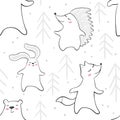 Dancing bear, fox, bunny, hedgehog in forest baby seamless pattern. Cute animal listens to music with fir tree.