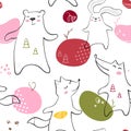 Dancing bear, fox, wolf, bunny baby seamless pattern. Cute animal listens to music with simple abstract design.