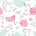 Dancing bear, fox, wolf, mouse, bunny, hedgehog baby seamless pattern. Cute animal listens to music with simple abstract