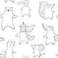 Dancing bear, fox, wolf, mouse, bunny, unicorn, hedgehog baby seamless pattern. Cute animal listens to music. Royalty Free Stock Photo