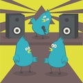 Dancing birds. The bird sings into the microphone. Disco with karaoke. Royalty Free Stock Photo