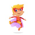 Dancing Boy wearing colorful costume of superheroe, isolated on white background. Cartoon vector characters of Kid
