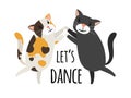 Dancing cats. Foxtrot or tango cat dancers vector illustration, lets dance text