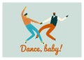 Dancing characters couple card in retro 50s style illustration