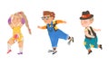 Dancing children set. Boy and girl dancing classical and modern dances cartoon vector illustration