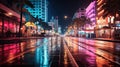 Dancing City Lights, A Mesmerizing Display on the Night Street. Generative AI Royalty Free Stock Photo