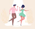 Dancing couple with audience. Rockabilly dance party. Retro contest. Happy swing dancers with viewers vector illustration isolated Royalty Free Stock Photo