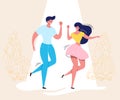 Dancing couple with audience. Rockabilly dance party. Retro contest. Happy swing dancers with viewers vector illustration isolated