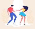 Dancing couple with audience. Rockabilly dance party. Happy swing dancers with viewers vector illustration isolated Royalty Free Stock Photo